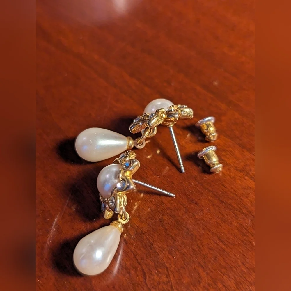 Richelieu Vintage Faux Pearl Diamond Earrings drop floral pearls post ba…